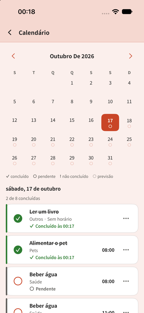 Calendário de acompanhamento de uma rotina